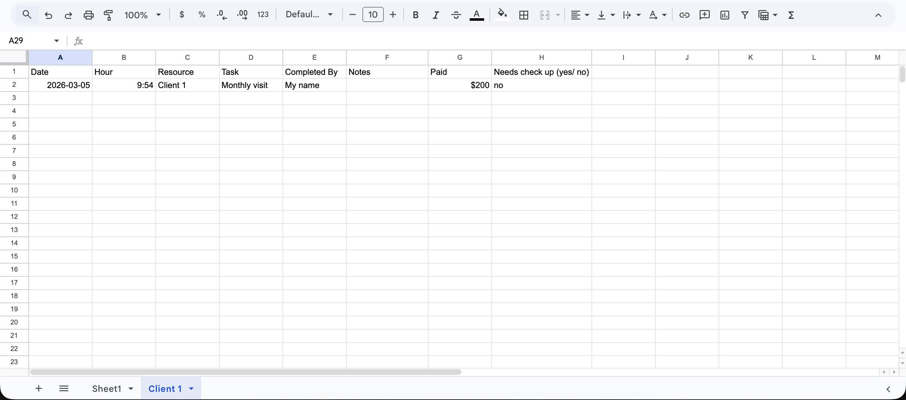 Google Sheets custom columns example